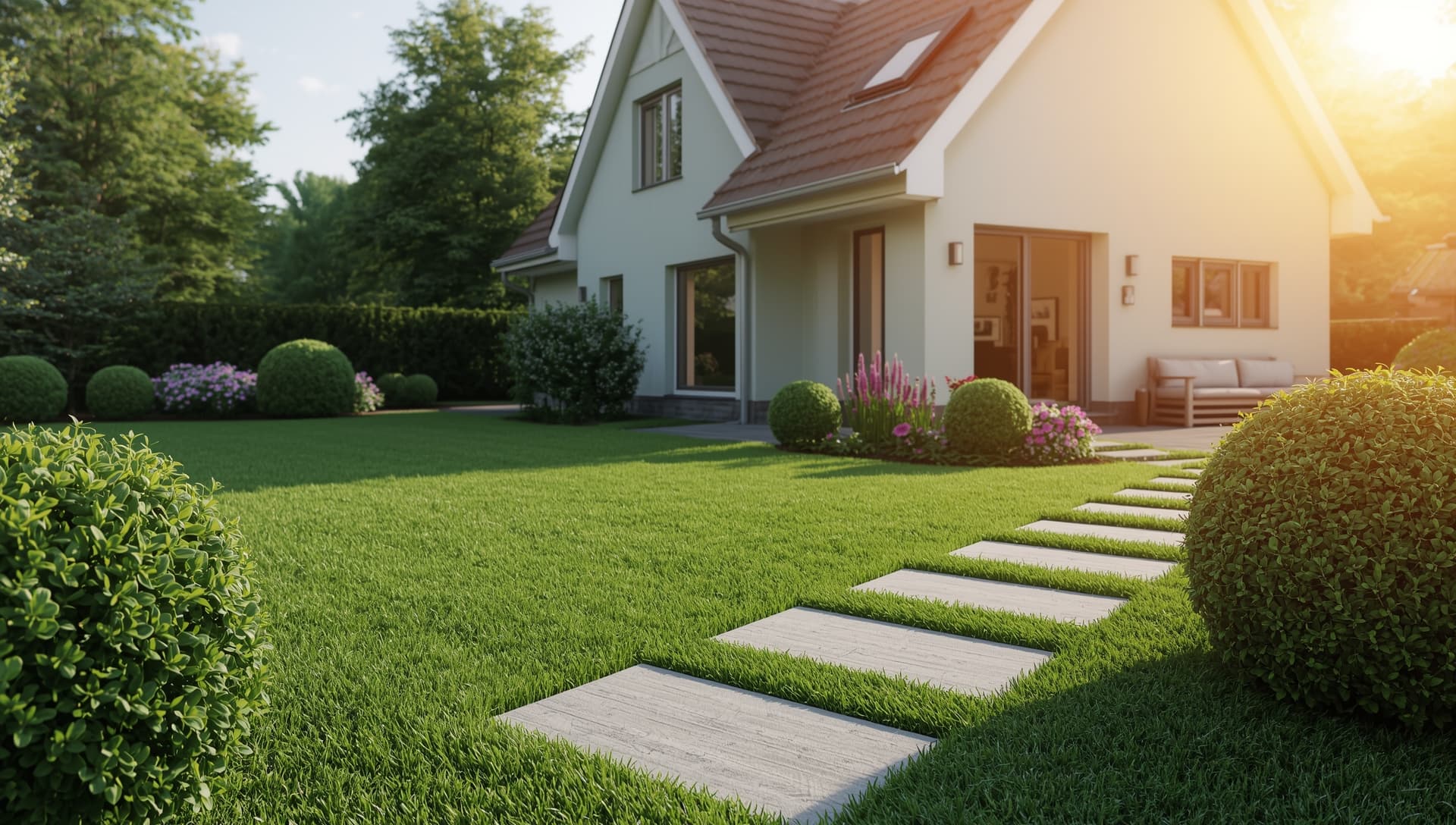 Välskött trädgård med gräsmatta, gångstig och planteringar vid fastighet