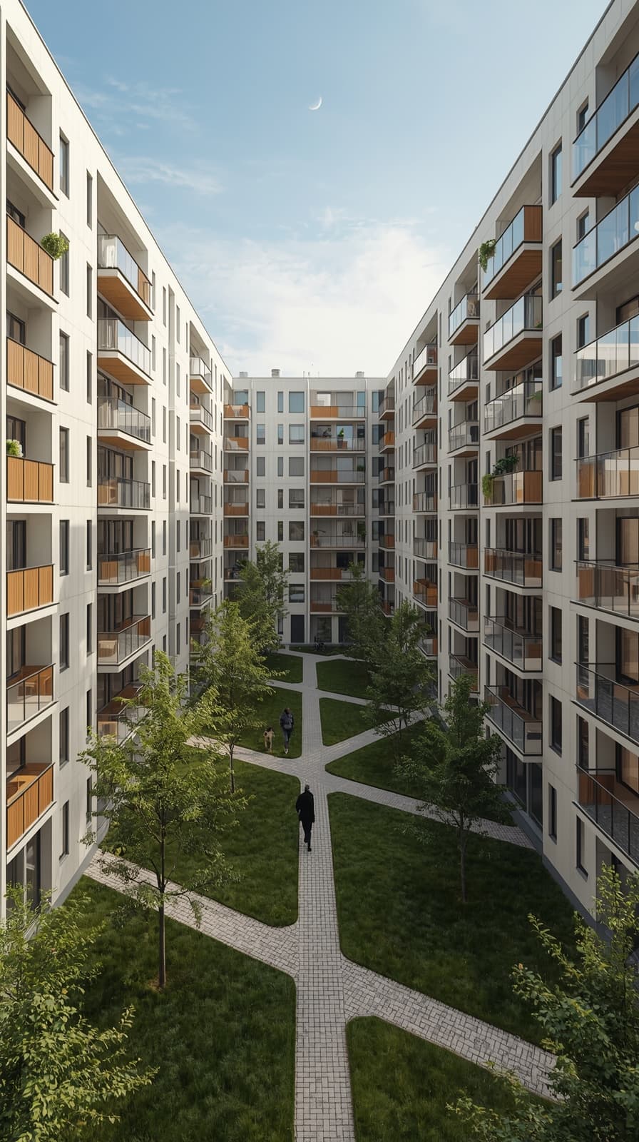 Innergård mellan moderna flerbostadshus med gångar, grönska och välskött fastighetsmiljö