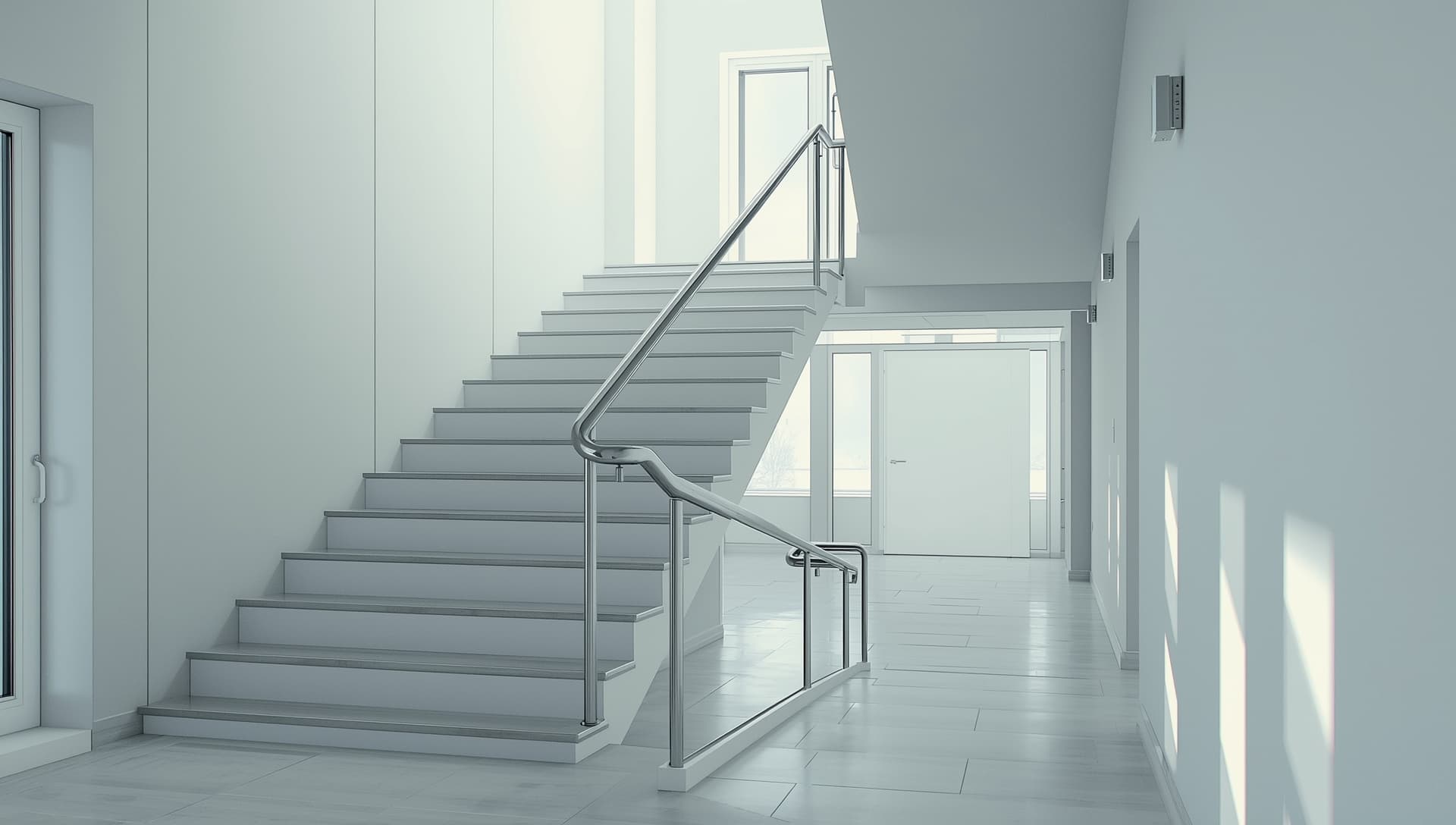 Ljust och välskött trapphus med rena trappor och ledstänger